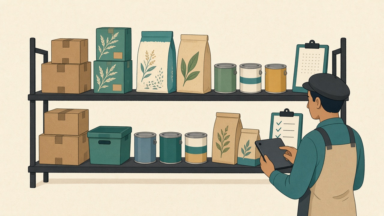 Ilustración original: conteo de inventario en estantería