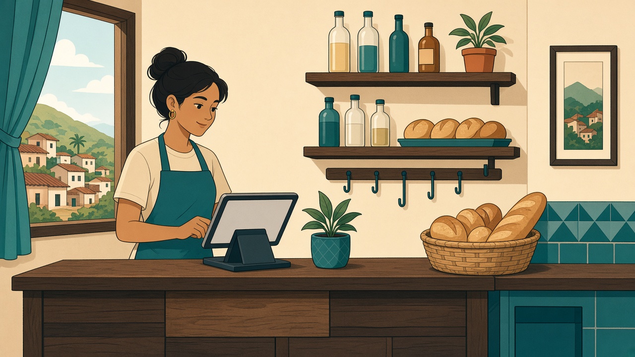 Ilustración original: mostrador de tienda con tablet de caja